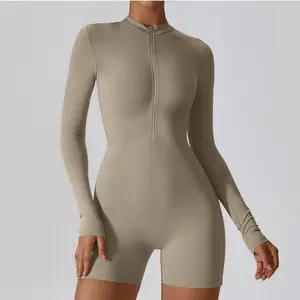 Özel Logo Bodysuit Zip Up uzun kollu şort egzersiz tulum açık boyunlu dans spor tulumlar egzersiz tulum