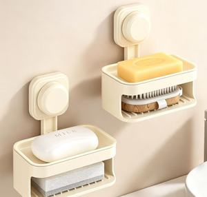 Support mural à ventouse double couche pour savon, sans perçage, avec égouttoir suspendu pour salle de bain, douche, éponge et rangement d'accessoires de bain - Product Image 2