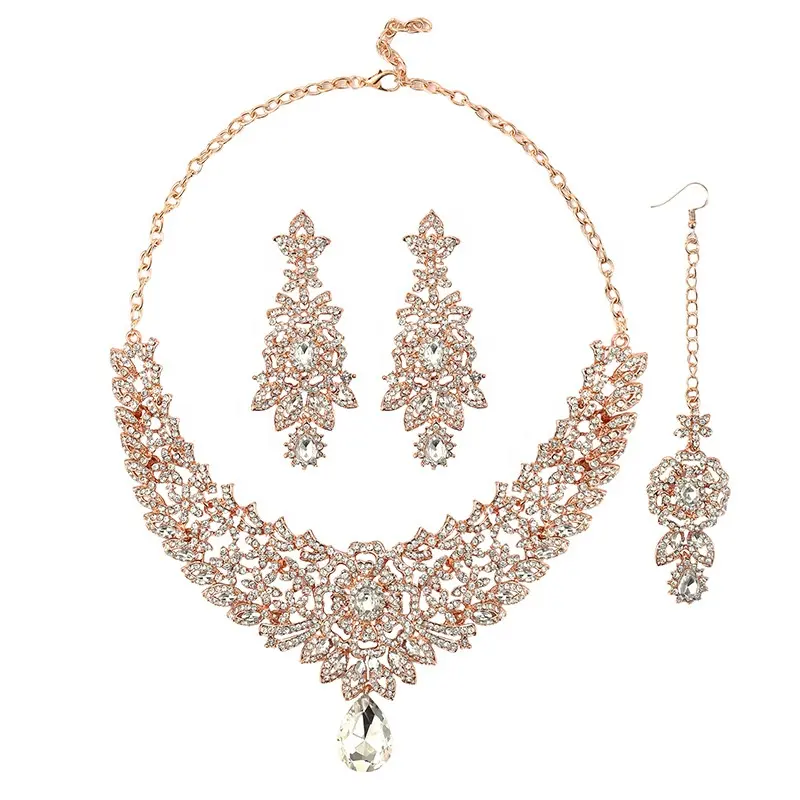 Wunderschöne klobige Braut Hochzeit Schmuck Sets Luxus Phantasie indischen Stil Halskette Ohrringe Kopf 3 Stück Sets Party Schmuck Frauen