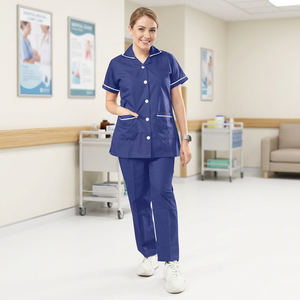 Unisex Navy <b>Blue</b> <b>Scrub</b> Set with White Trim Hospital Uniform Pants and Top Cotton Knitted Fabric Seamless Fusing - Product Image 1