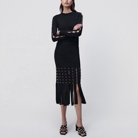 Robe mi-longue côtelée pour femmes, élégante, tricotée, à franges, mode, jupe côtelée