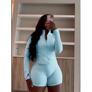 Best Price Breathable Elastic Waist Skinny Straight <b>Shorts</b> Yoga <b>Leggings</b> 2 Pieces <b>Women</b> Spring Zipper Solid Turtleneck Long - Product Image 1