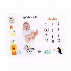공장 도매 사용자 정의 만화 동물 프린트 플란넬 양털 월간 달력 아기 이정표 담요 - Product Image 1
