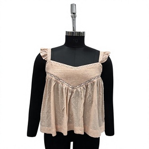 Haut d'été sans manches à volants, détails en dentelle, coupe classique, en coton tissé, col cœur, bretelles spaghetti, ourlet évasé, plissé, uni - Product Image 1