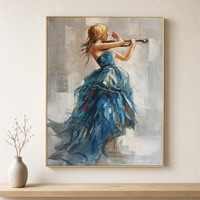 Peinture à l'huile personnalisée peinte à la main, Femme Violoniste en Robe Bleue, Impasto sur Toile, Portrait Impressionniste, Cadre Doré, Décoration Murale