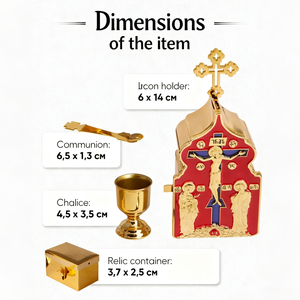 طقم مناولة أرثوذكسي مطلي بالذهب مع حامل أيقونة مطلي بالمينا وكأس وملعقة مناولة وحاوية للأغراض المقدسة بتصميم بيزنطي محمول - Product Image 6