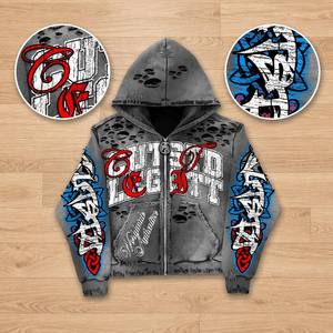 Fabricante de Ropa, Sudadera con Capucha Personalizada para Hombre, Estilo Y2K Grunge, Lavado Ácido, Color Magenta, con Tachuelas, Estampado Agrietado, Cierre Completo - Product Image 2