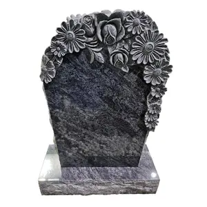 Customized Bahama Blue Granite Cemetery Carved Rose Flowers Design Headstones