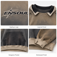 Sweat à capuche et sweat-shirt vintage personnalisés pour homme, coupe oversize, effet usé et déchiré, en molleton épais, avec patch appliqué, style streetwear