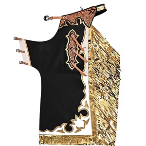 Men Western <b>Chaps</b> Full Leather Fringe Apron with Gold Buckles and Brown Stitching - Product Image 1