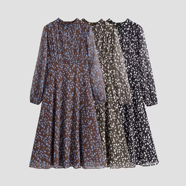TAOP&ZA 2026 New Summer Women's Fashion Casual Round Neck Long Sleeve Pleated Polka Dot Print Midi Dress 5045