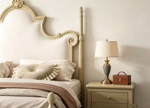 Premium <b>Queen</b> <b>Size</b> Light Wood Spindle <b>Bed</b> With Cream Upholstered Nailhead Ornate Carved Headboard For Bedroom - Product Image 3