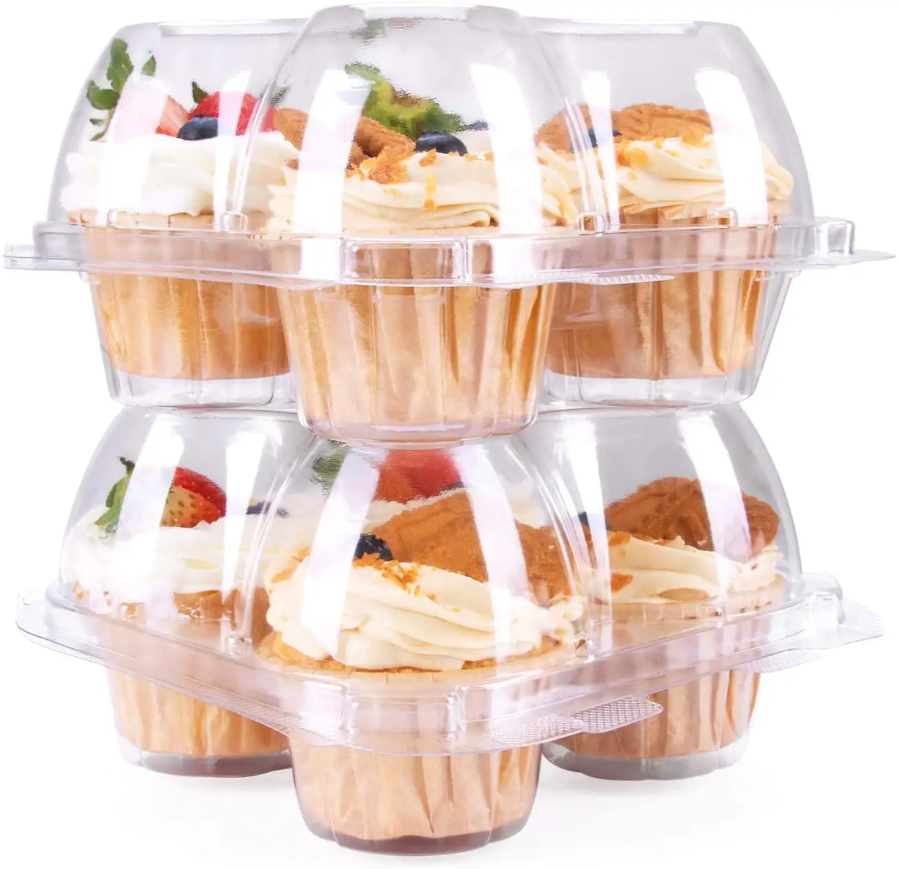 Soporte apilable de 4 cavidades para cupcakes, cajas transparentes para cupcakes, contenedores antideslizantes de alta cobertura para magdalenas