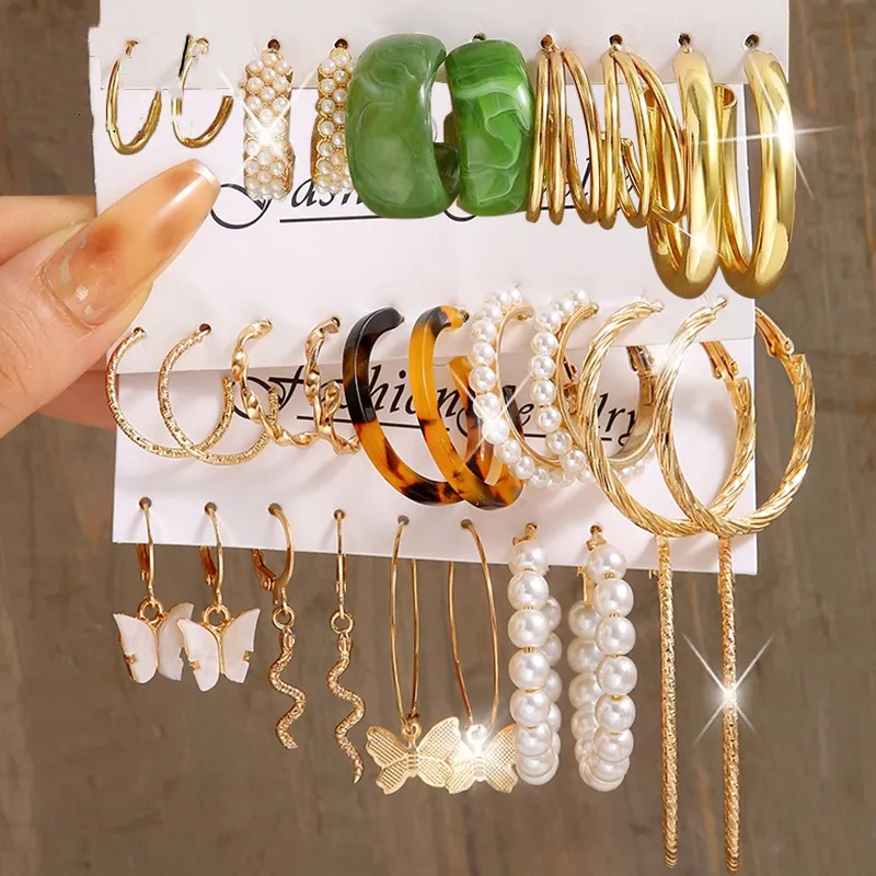 Rinhoo orecchini pendenti con stampa leopardata di perle Set orecchini a cerchio Color oro acrilico per gioielli da donna con orecchini a farfalla