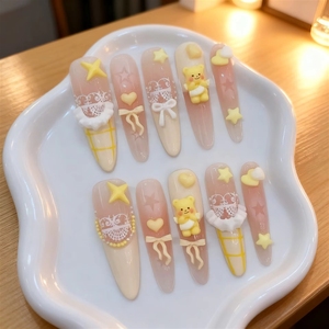 Faux ongles à presser mignons motif <span class=keywords><strong>Château</strong></span> Ours Beurre - Faux ongles faits main pour fille, longs et fins, lot de 10 pièces pour filles - Product Image 3