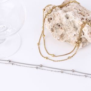 Collar de Cadena de Eslabones con Cuentas en Acero Inoxidable, Chapado en Oro, de Doble Capa, Estilo Minimalista, para Mujer - Product Image 3