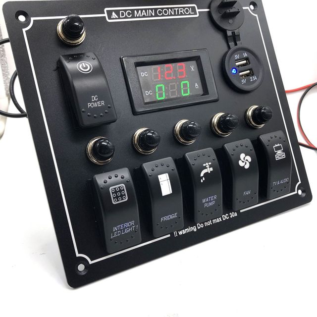 Waterproof Blue Circuit Breaker LED 6 Gang Car Marine Boat Rocker Switch Panel With Cigarette Lighter and LED Voltmeter