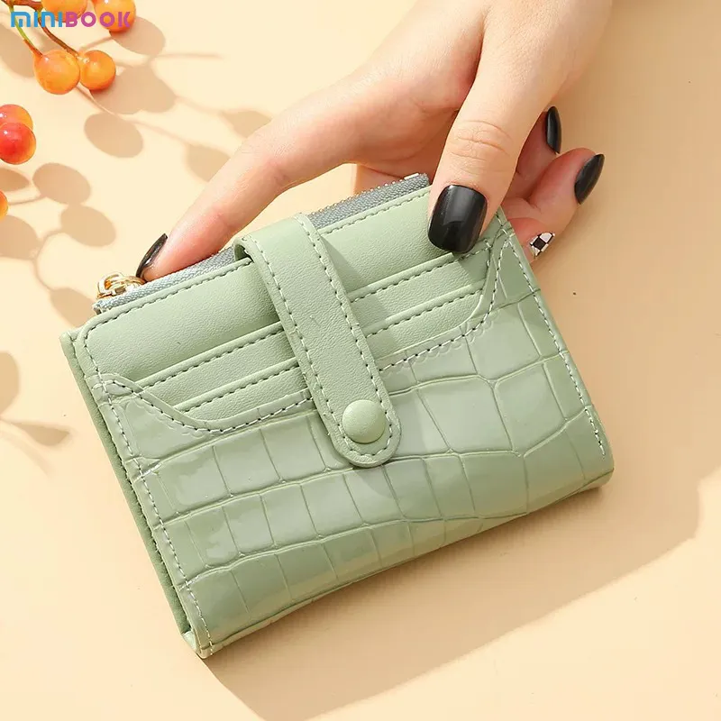 Minibook Vintage Small Pu Leather Id Window porta carte di credito portafoglio con tasca portamonete con cerniera per donna