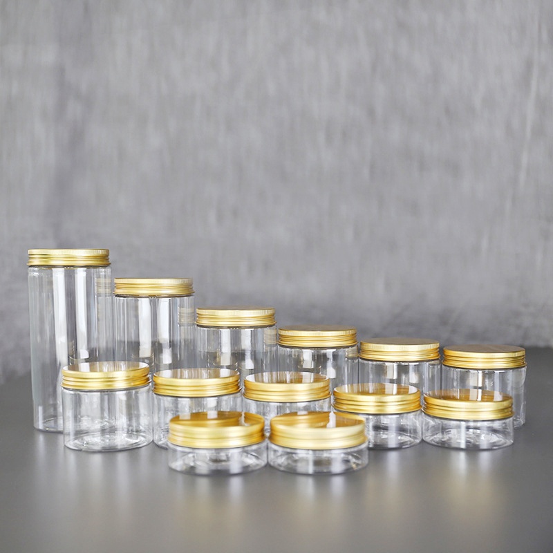 cosmetic jar clear pet plastic gold top lid 8oz