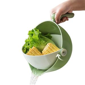 Panier de lavage de légumes et de riz en plastique double couche, passoire à fruits rotative, égouttoir de cuisine avec support de rangement pour usage domestique - Product Image 2