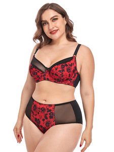 Sous-vêtements pour femmes Ensemble de soutien-gorge et culotte grande taille Soutien-gorge imprimé push up à armatures Soutien-gorge large à couverture complète ultra-mince - Product Image 5