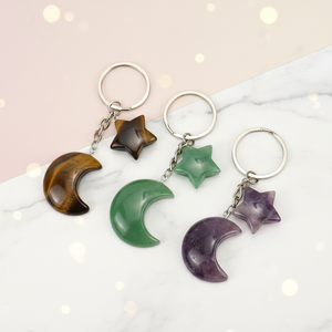 Wholesale Natural Crystal Hexagram Star Moon Key Chain New Design Healing Crystal Stone Keychain Energy Key Decor