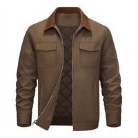 Blouson Bomber Homme en Coton et Velours Côtelé Tissé, Col Rabattu, Coupe-Vent, Respirant, Décontracté, Style Workwear, Poches à Rabat, Patchwork Marron Automne