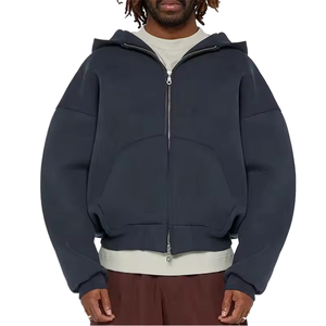 Sudadera con capucha y cremallera completa de felpa francesa gruesa para hombre, corte holgado y corto, hombros caídos, estilo streetwear, con bajo dividido - Product Image 1