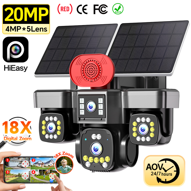 4MP*5Lens 20MP 4G Solar CCTV Camera AOV 24/7 Area Detection 18X Zoom Color Night Vision Outdoor Wireless PTZ Surveillance Camera
