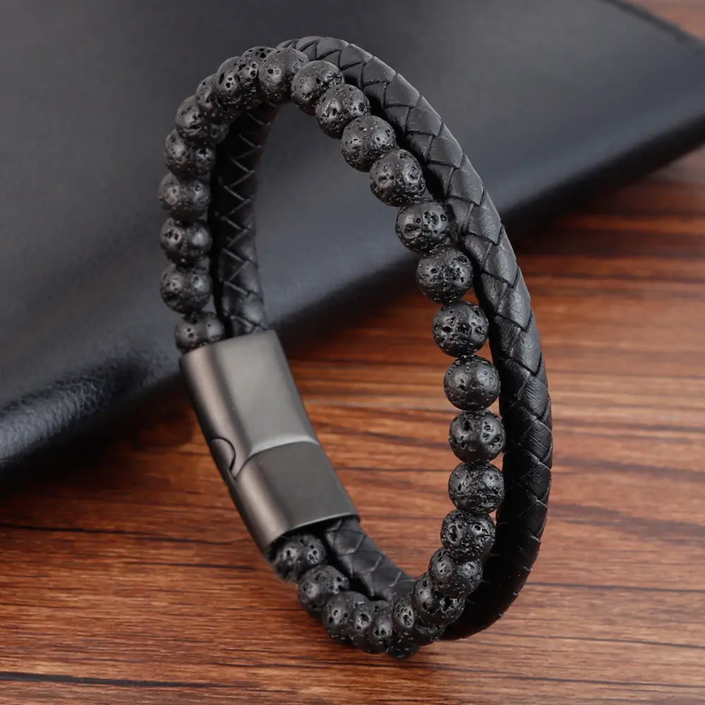 Bracelet en cuir véritable pour hommes, de haute qualité, Punk Lava, perle en pierre naturelle, fermoir magnétique en acier inoxydable, noir