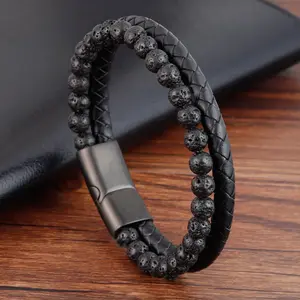 High Quality Punk Lava Men Natural Stone Bead Stainless Steel Magnetic Clasp Black Mens Bracelet Genuine Leather