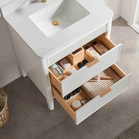 Meuble-lavabo de salle de bain autoportant en bois massif cannelé blanc avec 3 tiroirs, option miroir LED intelligent