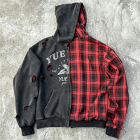 Nouveau sweat à capuche réversible sur mesure, style streetwear, en coton oversize, avec déchirures, effet usé, doublure à carreaux et lavage acide, zippé