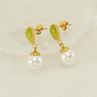 Boucles d'oreilles pendantes effet perle en forme de goutte verte, en acier inoxydable 304, plaqué or 18 carats sous vide, avec bordure perlée, 26 mm, pour femmes