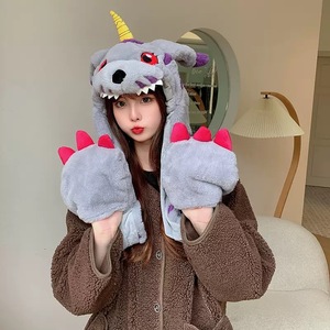 Dễ thương ganumon di chuyển tai phim hoạt hình anime Kawaii vui cặp vợ chồng mùa đông ấm áp Jacquard dài sang trọng Mũ 3 mảnh đặt trẻ em người lớn cosplay - Product Image 2