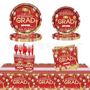 Graduation Party Supplies Kit Red Gold Disposable Plates Cups Napkins <b>Tablecloth</b> Elegant Graduation Decoration Set - Product Image 1