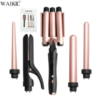 Set Alat Penata Rambut WAIKIL Custom Ceramic Coating Interchangeable Curling Iron 5 in 1 Triple LED Hair Curler Roller Hot Brush Comb