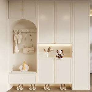 Armoire <span class=keywords><strong>sur</strong></span> <span class=keywords><strong>mesure</strong></span> moderne crème écologique avec banquette à chaussures intégrée, zone de suspension, gain de place et grande capacité pour dressing - Product Image 1