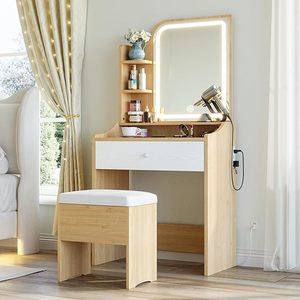<span class=keywords><strong>Petite</strong></span> <span class=keywords><strong>commode</strong></span> avec miroir et lumière, ensemble <span class=keywords><strong>commode</strong></span> avec tiroir de rangement, chaise et <span class=keywords><strong>trois</strong></span> étagères, chambre à coucher, bois - Product Image 1