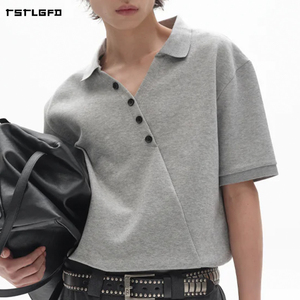 Polo de Algodón Grueso Gris para Hombre, Cierre de Botones Diagonal, Corte Recto, Estilo Minimalista, Prenda Urbana de Diseño - Product Image 4
