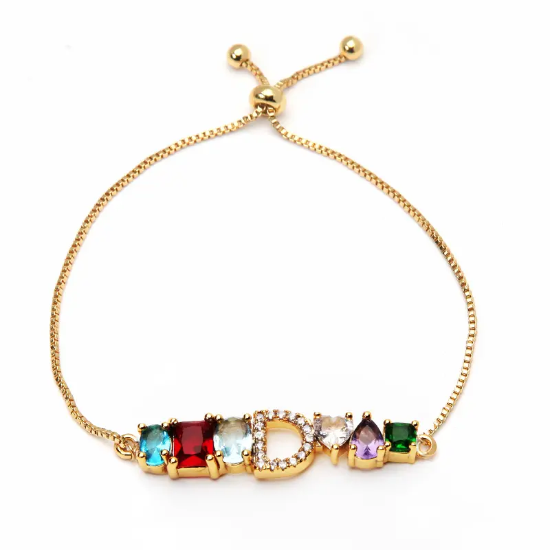 A-Z Alphabet Color Rainbow Crystal Stamp Chain Link Bracelet Jewelry Gift 18K Gold Plated for Lady