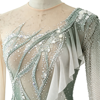 Robe de patinage artistique asymétrique vert sauge dégradé, dos ouvert, en maille ornée de strass, pour concours de danse sur glace