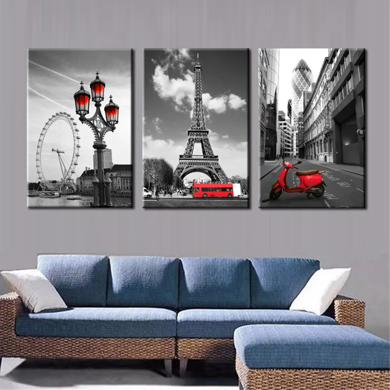 Poster Printed Modular Pictures 3 Panel Red Motorcycle Black And White Background Canvas Painting Vintage Wall Art Home Decor