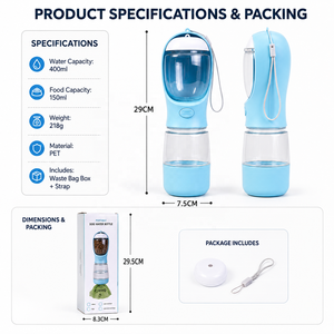 Bouteille de voyage portable 3 en 1 pour animaux de compagnie, distributeur d'eau pour chien avec distributeur de sacs à déchets, porte-nourriture et eau pour les promenades en plein air - Product Image 6