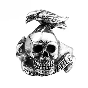 BINSHUO Wholesale Custom Stainless Steel Jewelry Punk Vintage Titanium Steel Letter EXPENDABLE Crow Skull Casting Ring For Men