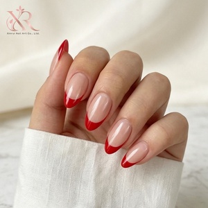เล็บปลอมแบบกดติดทรงอัลมอนด์สีนู้ด ปลายเฟรนช์ ความยาวปานกลาง ใช้ซ้ำได้ สีขาว แดง น้ำเงิน สำหรับทำเล็บเฟรนช์แมนิคิวร์ ขายส่ง - Product Image 1