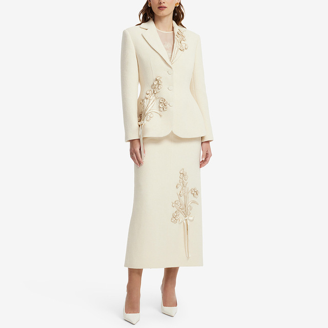 Stock 2026 Early Autumn European American-Style New Embroidered Three-Dimensional Slim-Fit Wool Blazer Skirt Two-Piece Set
