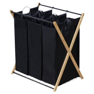 Cesto de Ropa Plegable de Tres Compartimentos con Marco de Bambú Negro, Gran Capacidad de Almacenamiento para Ropa, Uso en Baño - Product Image 5