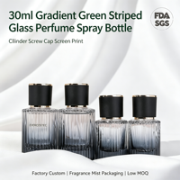 Envase de Perfume Personalizado de Fábrica, Botella de Vidrio Cilíndrica de 30 ml con Degradado Verde y Rayas, Tapa de Rosca, Impresión Serigrafiada, para Fragancias y Brumas
