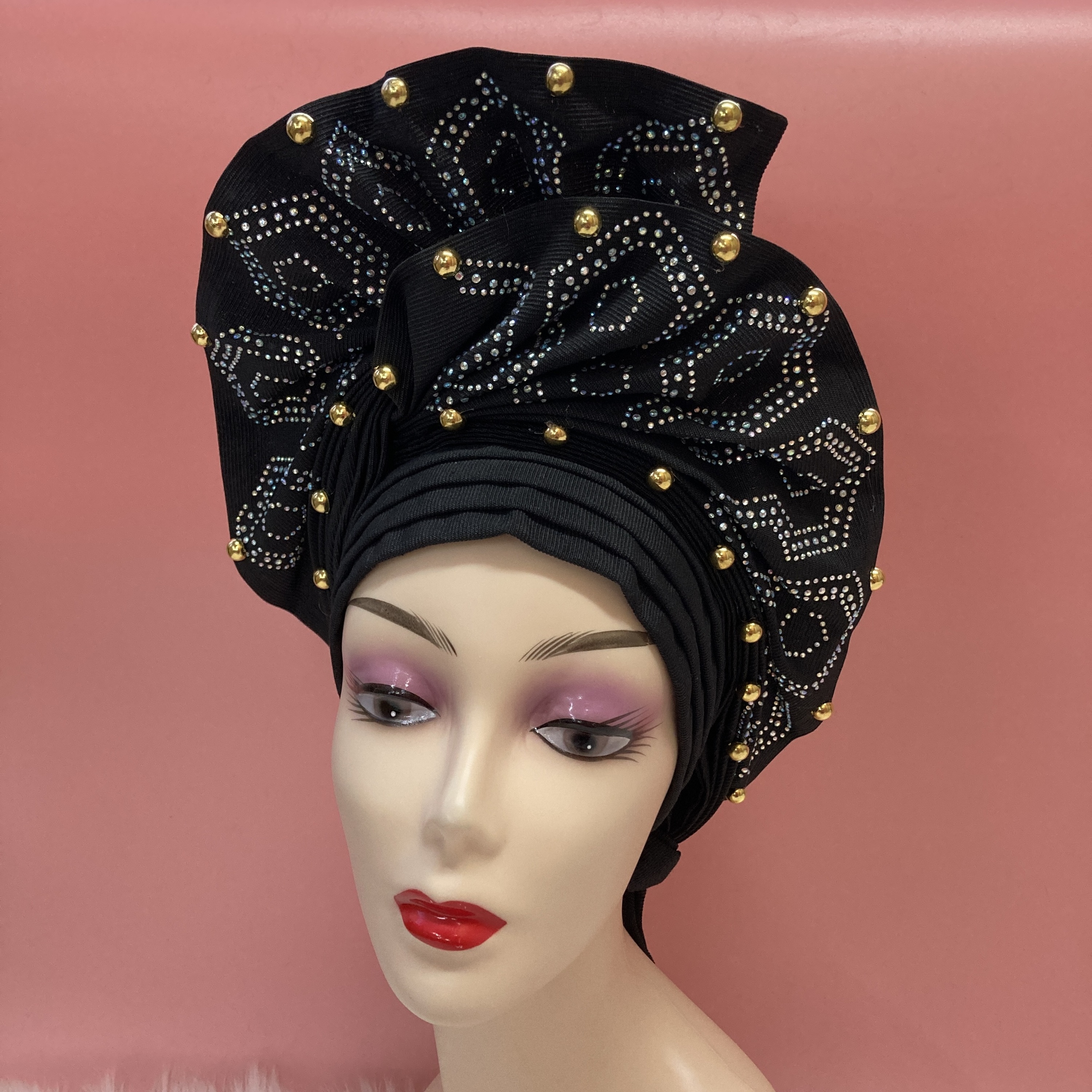 QliHut Nigerian Gele Headtie – Pre-Tied African Auto Gele With Beads & Stones For Weddings & Parties